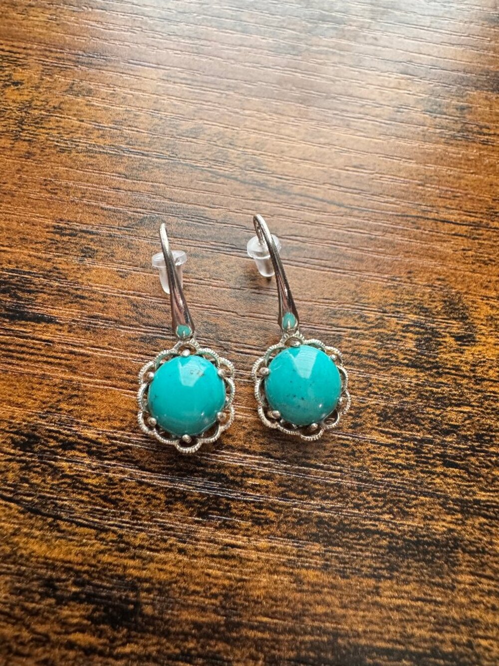 Natural Untreated Turquoise 925 Sterling Silver Ornate Filigree Hook Earrings